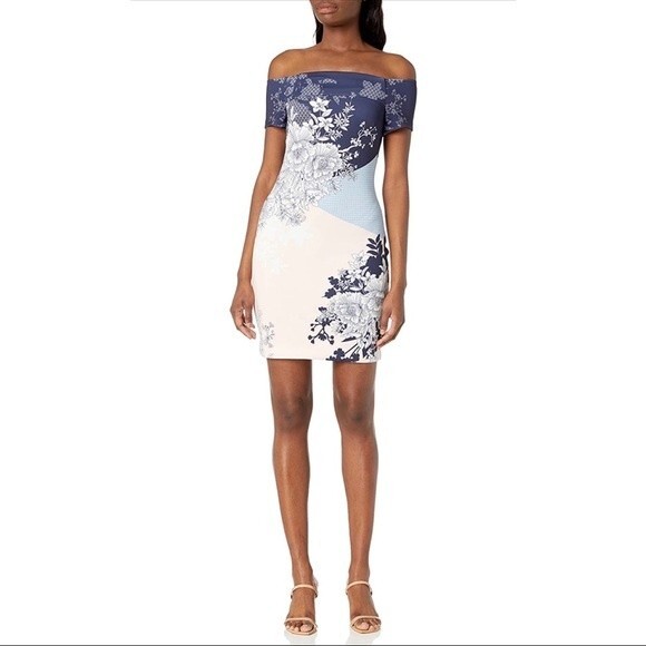 Guess Off the Shoulder Multi-Printed Scuba Dress with Removable Straps - Size 6 - Picture 3 of 14